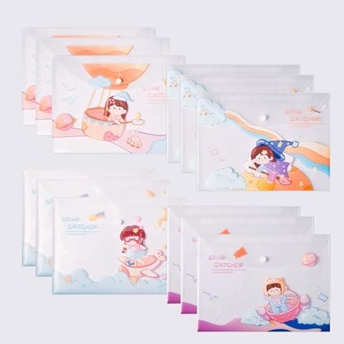 12pcs A4 Files Folder Fresh Leaves Document Bag, PVC Envelope Folder Document Folder with Snap Button for School Home Work Office Organization (Cute Girl)