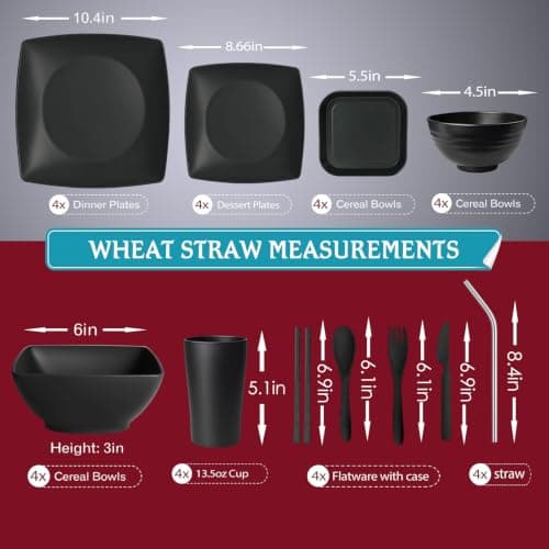 Teivio 44-Piece Kitchen Reusable Plastic Square Dinner Set for 4, Dinner Plate, Dessert/Tidbit Plate, Cereal/Fruit Bowl, Cup, Unbreakable Plastic Plate and Bowl Set, Outdoor Camping Dish, Black — view 2