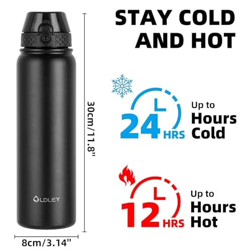 OLDLEY Stainless Steel Water Bottle with Straw 1L Vaccum Insulated Large Drink Flask Metal Water Bottles 1 Litre Leakproof Keep Drinks Hot Cold for Bike Sports Gym Adult Women Men(Black,1 Lid) — view 3