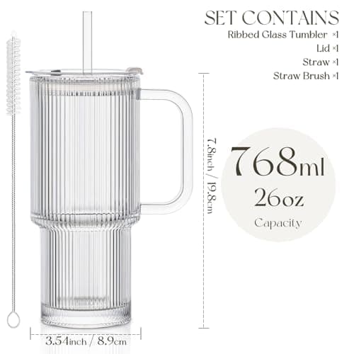 KEMORELA 768ml Ribbed Glass Tumbler with Handle, Leakproof Lid & Straw, 26oz Large Iced Coffee Glass Cup with Straw Brush, Reusable Glass for Smoothies, Matcha & Juice, Car Cup Holder Friendly — view 3