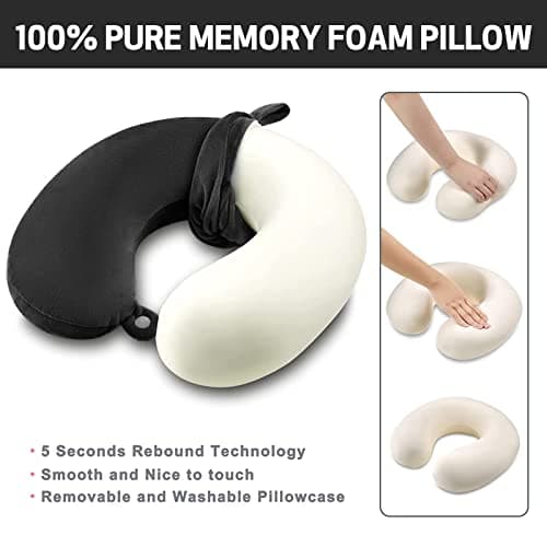 Jmbabe Travel Pillow - Memory Foam Neck Pillow Support Pillow,Luxury Compact & Lightweight Quick Pack for Camping,Washable Neck Support Pillow, Ear Plugs, Eye Mask & Carry Bag — view 3