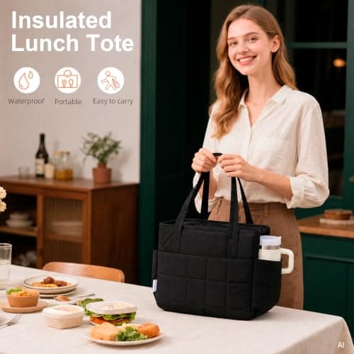 NOL Natural Organic Lifestyle Lunch Bag for Women, 13L Large Insulated Thermal Tote with Adjustable Shoulder Strap, Quilted Leakproof Cooler Bag for Work Office Picnic Travel Daily Commute, Black — view 6