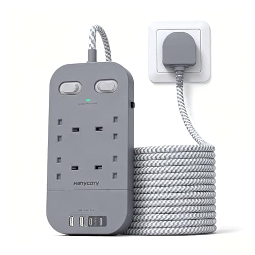 Gray Extension Lead 1.8M, 4 Way Plug Extension with 4 USB Slots(2 USB C)