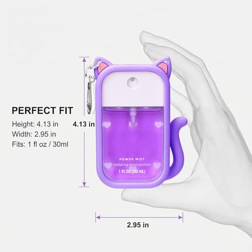 FrostyFlair Small Silicone Protective Case for 30ml Hand Sanitiser Bottles - Portable Cat-Shaped Cover with 6 Charms and Keyring (1 Piece, Purple) — view 2