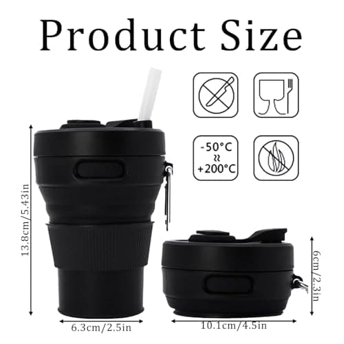 MOMAHUA 450ml/15oz Collapsible Coffee Cup with Lids,Black Silicone Portable Water Cups,Reusable Coffee Mug,Foldable Camping Travel Cup Fits in Your Pocket,Folding Mug Collapses to 6cm — view 2