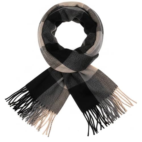Women's Checked Winter Scarf, Charcoal Grey and Beige, Fringed Ends