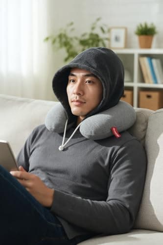 2-in-1 Hooded Travel Neck Pillow, Memory Foam U-Shaped Cushion with Hood, Grey and Dark Grey — view 3
