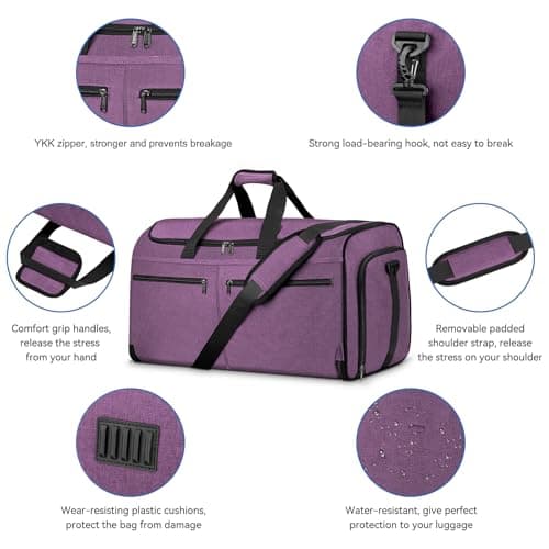 Bukere Carry on Garment Bag for Travel, Convertible Travel Duffel Suit Bag with Shoe Compartment, Detachable Shoulder Strap, 2 in 1 Weekender Suit Bag for Men Women, Purple, Garment Bag for Travel — view 5
