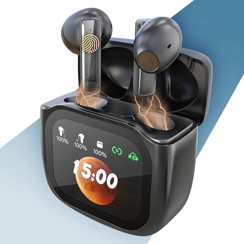 PORTENTUM Wireless earbuds – Customisable LED Touchscreen – Dual ENC Noise cancelling – Headphones bluetooth 5.4 – 50h battery – Touch control Earphones – HiFi bass – Comfortable fit ear buds – USB-C