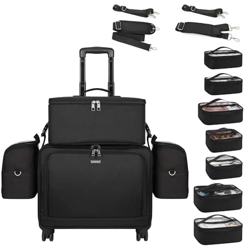 4-in-1 Professional Cosmetic Trolley Large Vanity Case With Wheels for Travel, Beauty, Hairdressing, Makeup, Tattoo and Nail Art - Multifunctional Design, Black, 01_Set