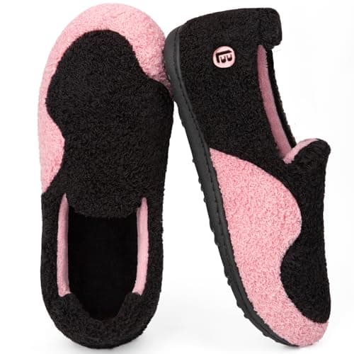 LongBay Women's Fuzzy Slippers with Removable Massage Insole, Soft House Shoes with Lightweight Non-Slip Sole for Indoor Outdoor Black and Pink, 6-7/UK