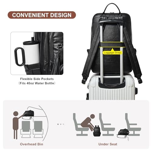 Shrrie 17 Inch Laptop Backpack for Women,Vegan Leather Backpack Purse,28L Work Business College Travel Computer Backpacks with Pouch Pocket for Large Capacity Cup & USB Charger,Black — view 6