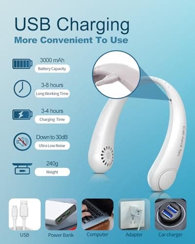 Neck Fan, Portable Neck Fan USB Rechargeable, Hands Free Bladeless Personal Fan with 360°Cooling Airflow, 3 Wind Speed for Home Office Travel Sports Outdoor Summer — view 4