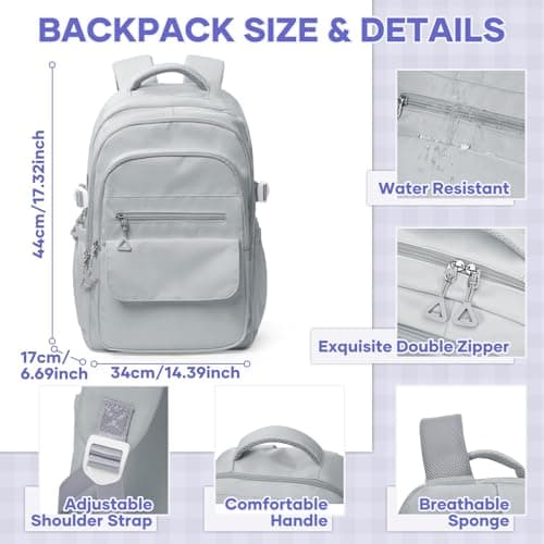 HYC00 School Backpacks for Teenage Girls Boys Casual Daypacks Lightweight School Bags for Girls Secondary High College Water-Resistant Fits 14” Laptop Rucksack Travel Work Bag for Women Men, Gray — view 3