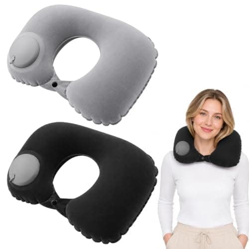 QhgPnt 2-Pack Blow Up Neck Pillow for Travel, Inflatable U Shape Cushion, Press to Inflate Neck Pillow, Travel Pillow Black and Grey for Airplanes, Trains, and Office Naps