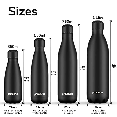 Proworks Performance Stainless Steel Sports Water Bottle | Double Insulated Vacuum Flask for 12 Hours Hot & 24 Hours Cold Drinks - Great for Home, Work, Gym & Travel - 500ml - BPA Free – Jet Black — view 3