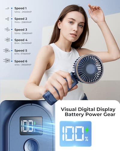TUNISE Portable Handheld Fan 4000mAh Mini Fan 6 Speed LED Display 180° Adjustable Navy Blue — view 5
