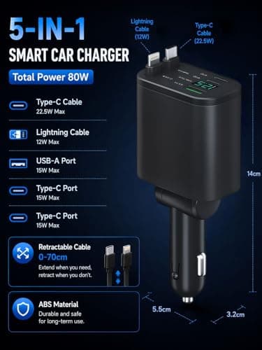 80W Retractable Car Charger - 12V Cigarette lighter Adapter with USB C and Lightning Cable,Fast Charging for iPhone 17/16/15/14/13/12/Google/Samsung,Car Accessories Practical Gifts for Men Dad Husband — view 6