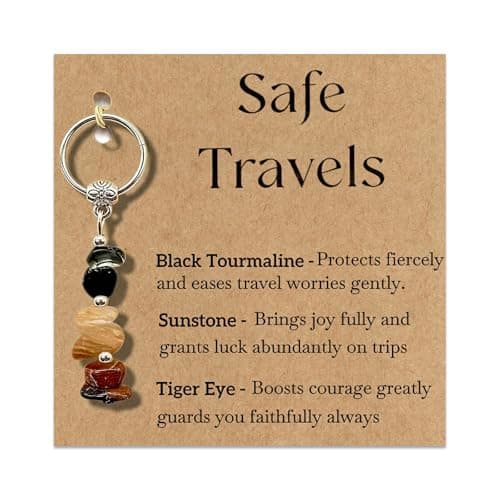 AIKOBAA Safe Travels Crystal Gift Set, Crushed Stone Keychain with Black Tourmaline Sunstone Tiger Eye, Good Luck Charm for Luggage Backpack, Bon Voyage Present for Women Men, Journey Blessing Card