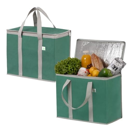 VENO 2Pcs Reusable Cooler Bag, Large Cooler Bag with Lid, Durable Handles, Double Zippers, Stand-up Shopping Bag, Foldable Lunch Bag, Picnic Bags (Dark Green, 2PCS)