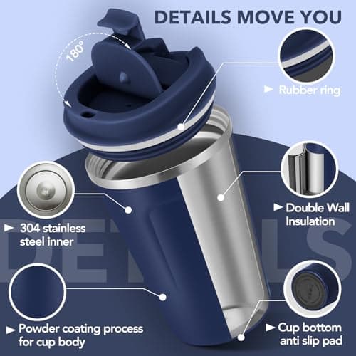 Volhoply 360ml 12oz Double Wall Insulated Vacuum Travel Coffee Mugs with Flip Lid Bulk 2 Pack,Reusable Stainless Steel Leak Proof Coffee Cup,Cafe Thermal Tumbler for Hot & Cold Drinks(Navy,2 Set) — view 4