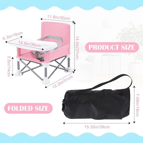 Colcolo Baby Seat Booster Toddlers Dining Seat Removable Tray with Travel Bag, Aluminum Alloy Baby Camping Chair with Tray Portable Folding Booster Feeding Chair for Children Toddlers Infants, Pink — view 2