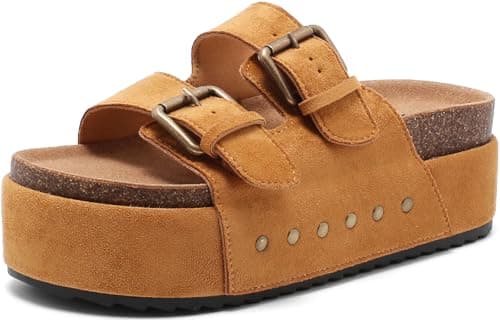 Women's Platform Sandals Cork Footbed Adjustable Double Buckle Slides