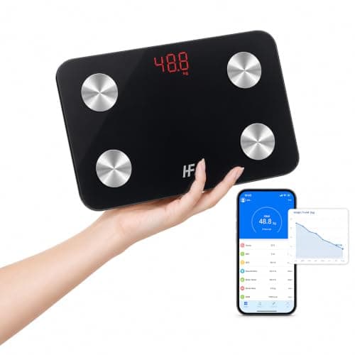 HFitness Travel Scale for Body Weight Mini Portable Digital Bathroom Scale with App for iOS and Android 19 Body Composition Metrics 180 kg Capacity 28x18 cm Black