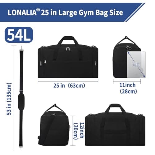 LONALIA 54L Large Holdall Duffle Bag for Men - 25 inch Weekend Overnight Bags for Travel Gym Sports (Black) — view 2