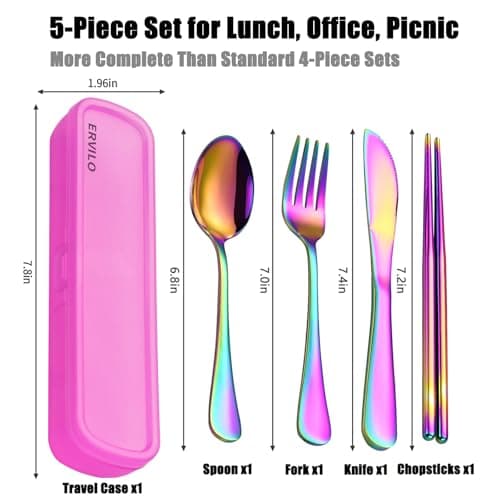Travel Cutlery Set with Case, Stainless Steel Camping Utensils, Reinforced Case with Snap-Lock Closure, Include Fork Spoon Knife Chopsticks, Portable Lunch Box Silverware for Picnic Office, Rainbow — view 2