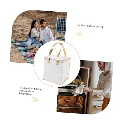 RUNROTOO Insulated Cake Packing Bag 10-inch Heightened White with Gold Trim Thermal Food Storage Bag Portable Handheld Pizza Package and Fresh Food Cooler for Home and Travel — view 3