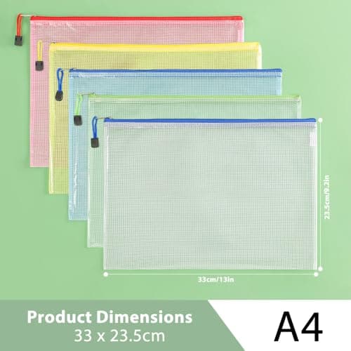 MIETONG A4 Plastic Zip Wallets Folders - 5PCS Document Folder File Zipper Bags Document Wallet Ziplock Bags Travel Storage Pouch Mesh Zip Folders for School Office Supplies and Travel Accessories — view 2
