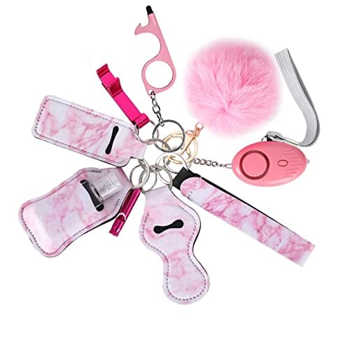 Flymind Safe Keychain Set for Girls with Personal Safety Alarm, Hand Sanitizer Holder, Whistle and Pom
