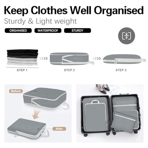 Compression Packing Cubes for Suitcases,Suitcase Organiser Bags,Travel Packing Cubes Compression Set for Backpack,Packing Organisers,Waterproof Travel Organiser Packing Bags (5, Grey) — view 2