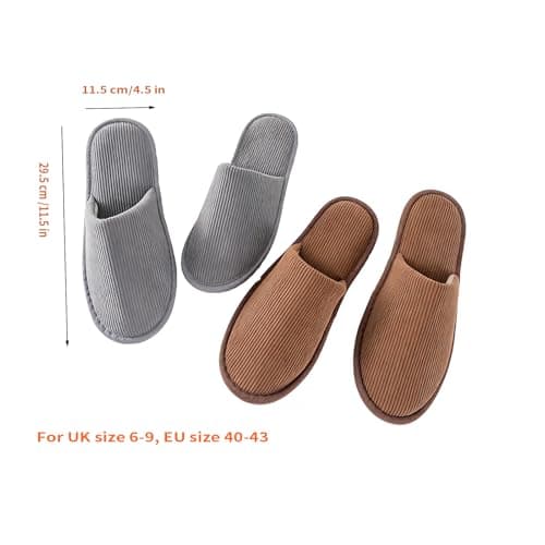 EQLEF 2 Pairs Washable Guest Slippers for Home, Hotel & Travel Premium Corduroy Indoor Slippers Non-Slip Lightweight Spa Slippers for Women and Men (Gray and brown for Men in UK size 6-9) — view 4