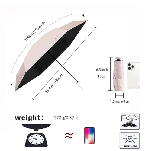 Mini Travel Folding Umbrella with Micro handle for Men Women Kids/Coating Layer Fabric/Anti UV/UPF 50+/Sun Protection 99.9%/Compact/Lightweight Small Portable/Rain/Blocking/Backpack Purse Pocket — view 2
