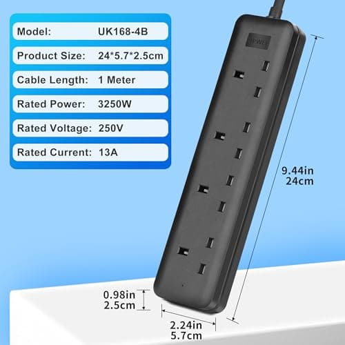 4 Way Extension Lead 1 Metre Compact Cable 13A 3250W Heavy Duty Power Strip with Fire-Retardant Sockets for Home, Office, Study & Travel — view 5