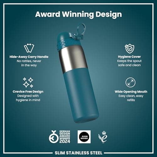 ION8 Lightweight Steel Water Bottle, 600ml/20oz, Non-Insulated, Leak Proof, Easy to Open, Secure Lock, Dishwasher Safe,Flip Cover, Fits Cup Holders,Carry Handle, Metal Water Bottle, Half Cut Deep Teal — view 6