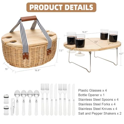 STBoo Picnic Basket for 4, Insulated Wicker Hamper with Table (Stripe) ﻿ — view 4