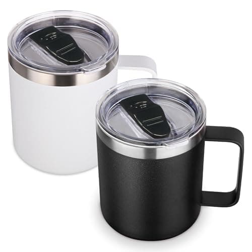 Volhoply 14oz Insulated Stainless Steel Coffee Mug with Lid Bulk 2 Pack,Double Wall Vacuum Travel Coffee Cup with Handle,Reusable Metal Tumbler Cup,Camping Mugs Keep Hot,Christmas Gifts(Assorted,2)