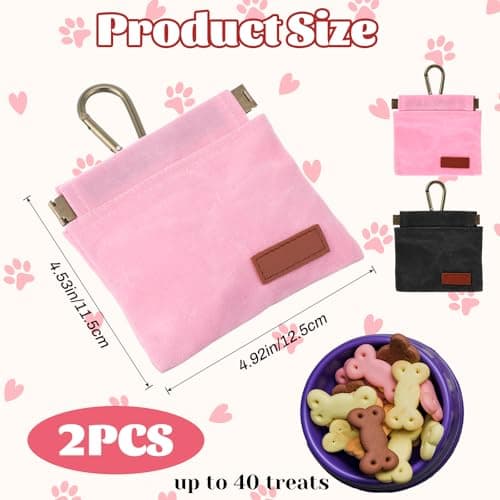 2 Pcs Dog Treat Pouch Hand Free Pet Training Pouch Canvas Training Bag with Carabiner Portable Pet Dog Walking BagSelf-Closing Pets Feed Snack Reward Behavior Aids for Puppy Travel Outdoor Pink Black — view 2
