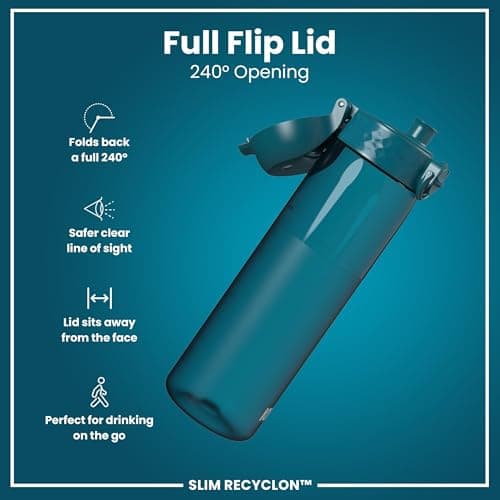 Ion8 Water Bottle, 500 ml/18 oz, Leak Proof, Easy to Open, Secure Lock, Dishwasher Safe, BPA Free, Hygienic Flip Cover, Carry Handle, Fits Cup Holders, Easy Clean, Carbon Neutral, Half Cut Deep Teal — view 4