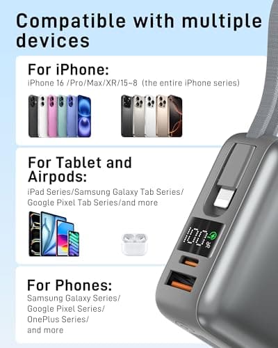 VINKO 20000mAh Fast Charging Power Bank, Small Power Bank with Built-in Cable, 22.5W USB C Portable Charger, Mini Battery Pack for iPhone 16 15 14 13 Samsung Galaxy Google Android (Gray) — view 5