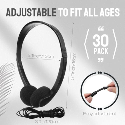 Konohan 30 Pack Headphones Bulk Wired Headphones Black Headphones Adjustable Over Ear Earbuds with 3.5 mm Plug for Teen Adults Students Schools Library Computer Labs Office Airplane — view 2