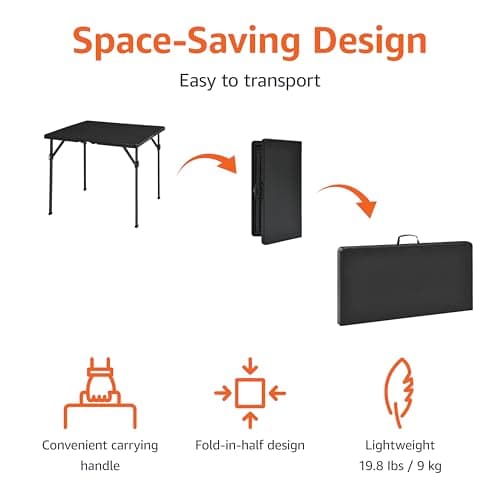 Amazon Basics Square Folding Table with Carrying Handle, Indoor & Outdoor, Portable, Lightweight, Travel and Dining Table, Picnic, Camping, Black, 86.1 x 86.1 x 74 cm — view 3