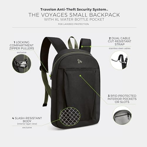 Travelon Anti-Theft The Voyages Small Backpack with XL Water Bottle Pocket, Black, 8" W x 14" H x 4.5" D, Anti-theft the Voyages Small Backpack With Xl Water Bottle Pocket — view 3