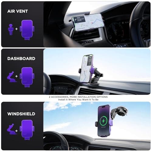 Car Phone Holder Wireless Charger,【7 Colored RGB Backlit】MOSURR 15W Auto Clamping Wireless Car Charger Mount for iPhone 16 15 14 Mini Pro Max, Samsung Galaxy S26 Ultra S25 S24+, etc - Purple — view 6