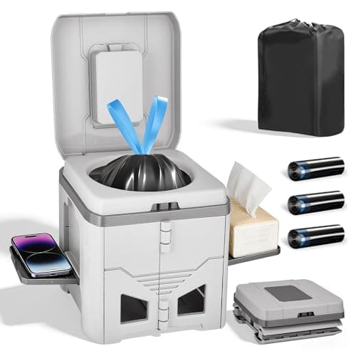 Portable Camping Toilet,Foldable Toilet for Adults with 3 Rolls Drawstring Trash Bags,Travel Toilet with Paper and Phone Holder,Emergency Toilet,Waterproof,Lightweight,Easy-Clean,for Fishing,Camping