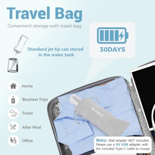 GOLDANT 2026 New 350ML Water Flosser with Drainage & Storage Stand, Keeps Dry & Clean, Travel Bag, 5 Modes, 360°Nozzle, Cordless Rechargeable, IPX7 Waterproof, Portable for Home & Travel (White) — view 5