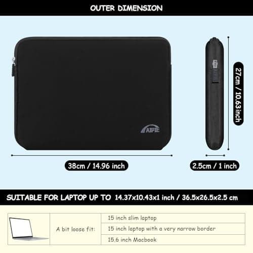 AIPIE Laptop Sleeve 15-15.6 Inch Notebook Case Bump Absorb Briefcase Carrying Bag Compatible with MacBook, Acer, Asus, Dell, Lenovo, Microsoft, HP Durable Laptop Cover, Black — view 2